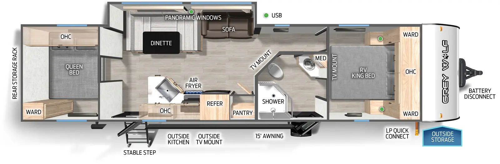 The Grey Wolf 29QB floorplan has two entries and one slide out. Exterior features include: metal exterior, 15' awning and outside kitchen. Interiors features include: u-dinette, front bedroom, rear bedroom and two bedrooms.